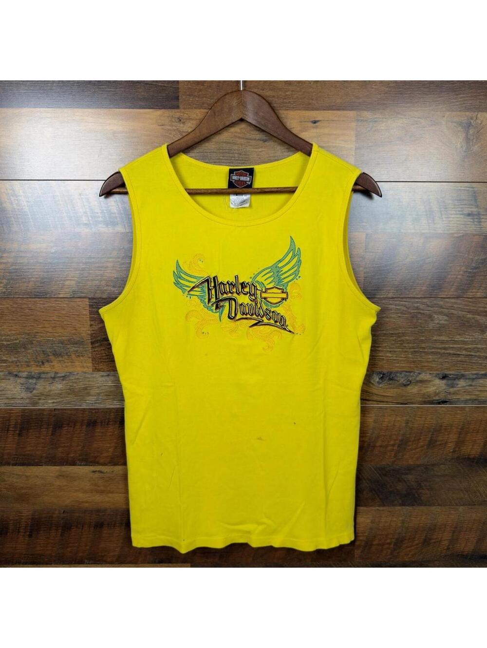 Harley Davidson Womens Tank Top XL Yellow Rhinestone Wing Graphic Biker Shirt